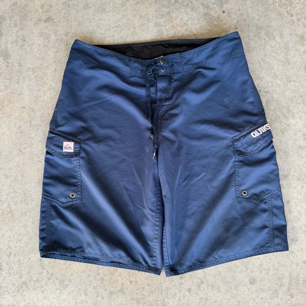 Vintage Y2K Quiksilver Men's Solid Navy Cargo Board Shorts